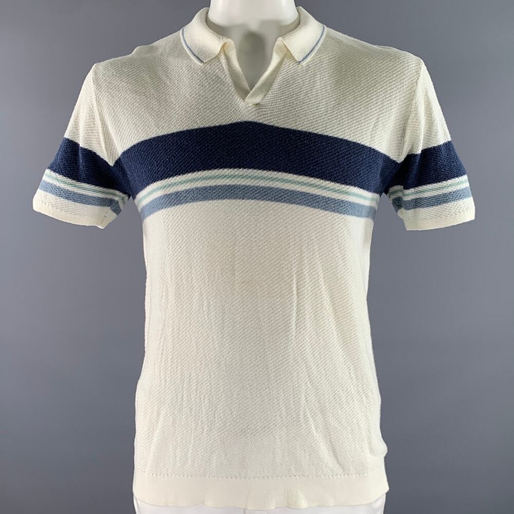 MARINE LAYER Size L Navy White Blue Color Block Stripe Cotton Polo
